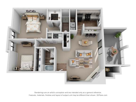 A 3D floor plan of a house with a kitchen, living room, and bedrooms.