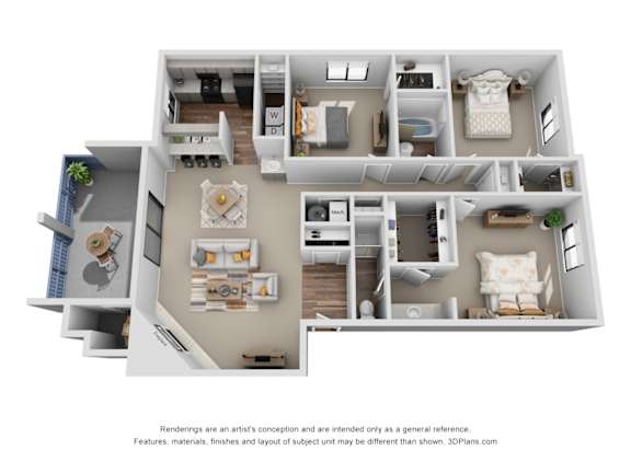 A 3D floor plan of a house with labeled rooms.
