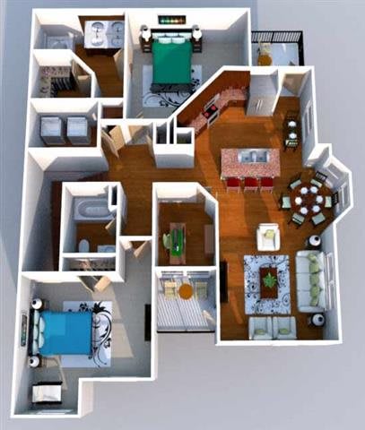 A 3D floor plan of a house with a kitchen, living room, dining room, and a swimming pool.