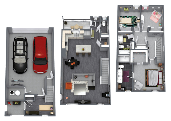 Three images of a small apartment layout with a car and a chair.