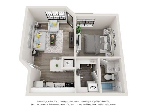 A 3D floor plan of a small apartment with a kitchen, living room, and bathroom.