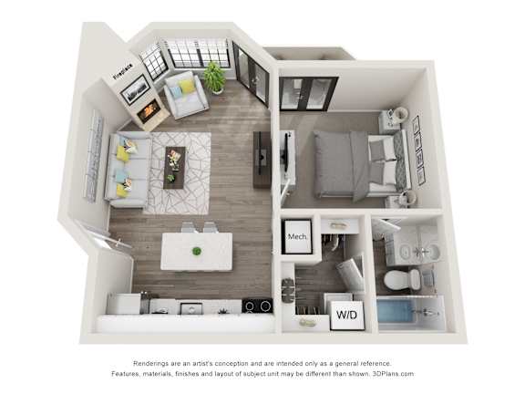 A 3D floor plan of a house with labeled rooms.