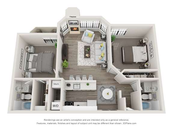 A 3D floor plan of a house with labeled rooms.