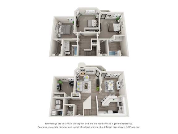 Two floor plan images of a house with a kitchen, living room, bedrooms and bathrooms.