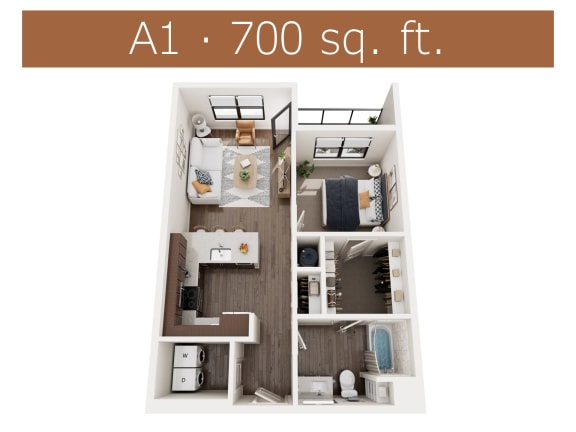 A1 floor plan showing one bedroom and one bathroom