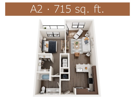A2 floor plan showing one bedroom and one bathroom