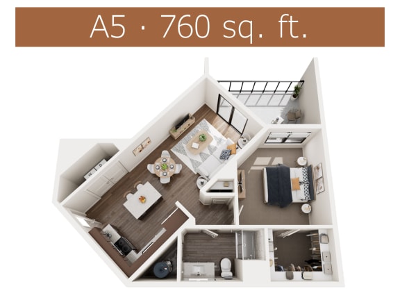 A5 floor plan showing one bedroom and one bathroom