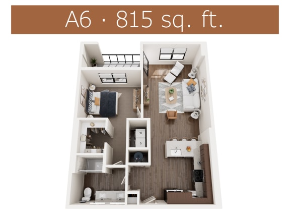 A6 floor plan showing one bedroom and one bathroom