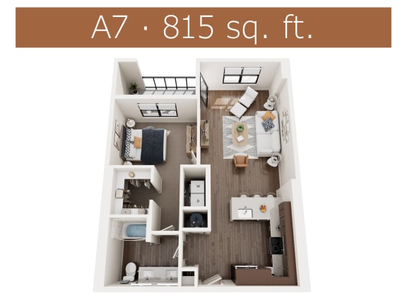 A7 floor plan showing one bedroom and one bathroom