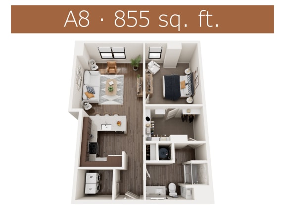 A8 floor plan showing one bedroom and one bathroom