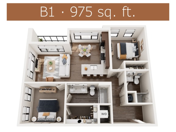 B1 floor plan showing two bedroom and two bathroom apartment is Castle Rock CO
