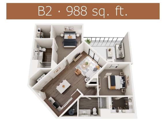 B2 floor plan showing two bedroom and two bathroom apartment is Castle Rock CO