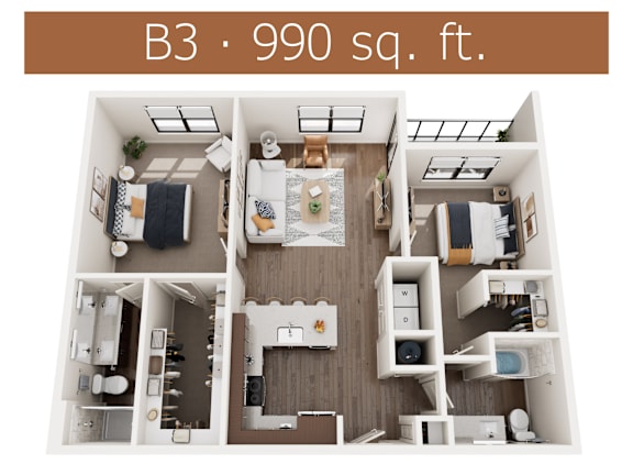 A 990 square foot apartment is displayed with a top-down view showing all rooms and furnishings.