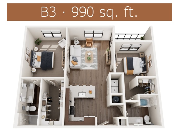 B3 floor plan showing two bedroom and two bathroom apartment is Castle Rock CO