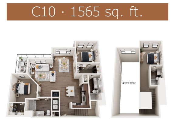 C10 floor plan showing 2 story 3 bedroom, 3 bathroom apartment in Castle Rock, CO