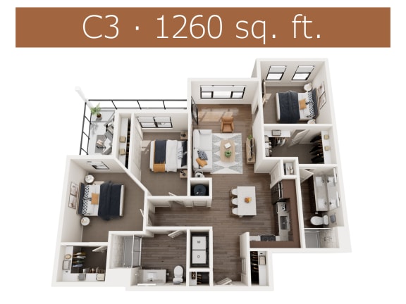 C3 floor plan showing three bedroom and two bathroom apartment is Castle Rock CO