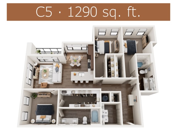 C5 floor plan showing three bedroom and two bathroom apartment is Castle Rock CO