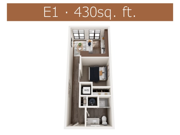 E1 floor plan showing studio apartment in Castle Rock CO
