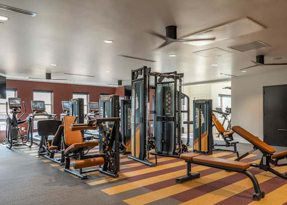 A gym with a variety of equipment including weights and machines.