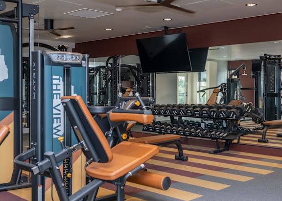 A gym with a variety of equipment including a leg press machine.