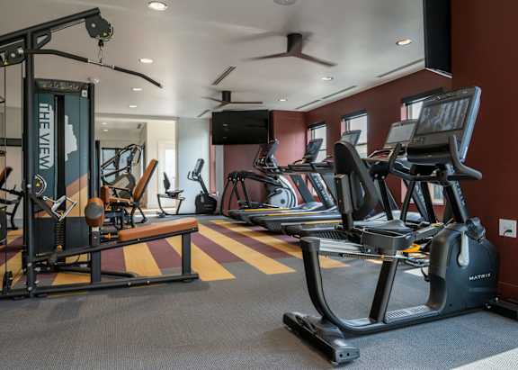 A gym with a variety of equipment including treadmills, stationary bikes, and weight machines.