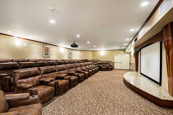 A row of brown leather seats in a movie theater.