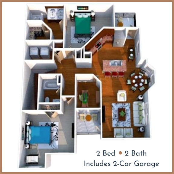 A 2 Bedroom apartment with 2 bathrooms and a 2-car garage.
