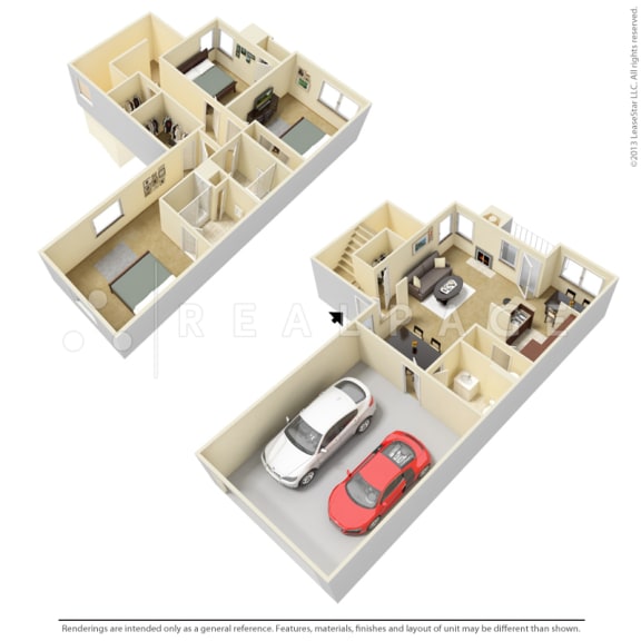 Floor Plan  3 Bedroom Townhome with 2 Car Garage Overland Park  at Centennial Park Apartments, Kansas