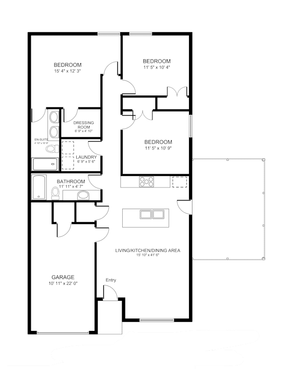 A floor plan of a house with labeled rooms and dimensions.