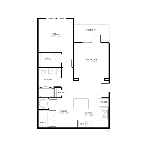 A floor plan of a house with labeled rooms such as "DREAM", "FRESH AIR", "STYLE", "REFRESH", "STASH", "FRIDGE", "DINING", "W