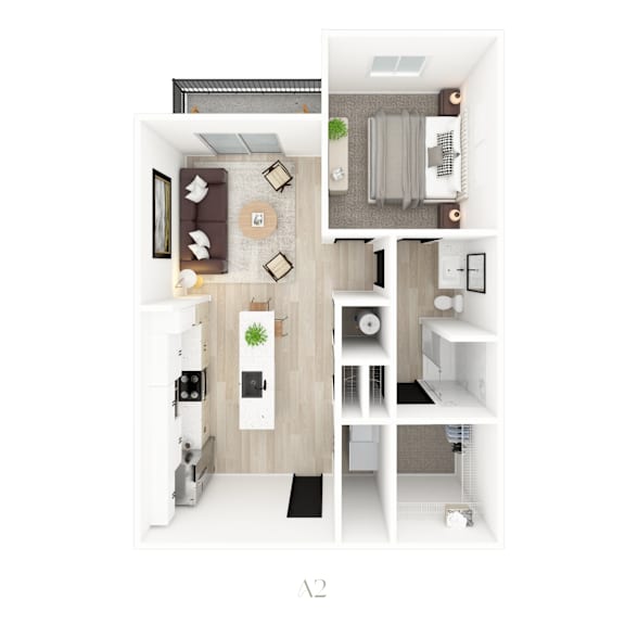 A modern apartment with a kitchen, living room, and bathroom.