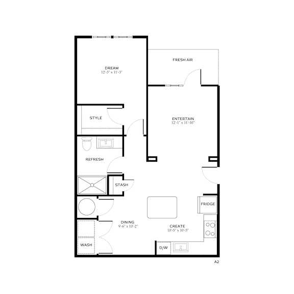 A floor plan of a house with labeled rooms such as "DREAM", "FRESH AIR", "STYLE", "REFRESH", "STASH", "FRIDGE", "DINING", "W