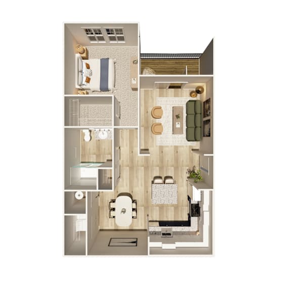 A floor plan of a small apartment with a kitchen, living room, and bathroom.
