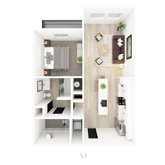 A series of images showing different views of a modern, minimalist apartment.