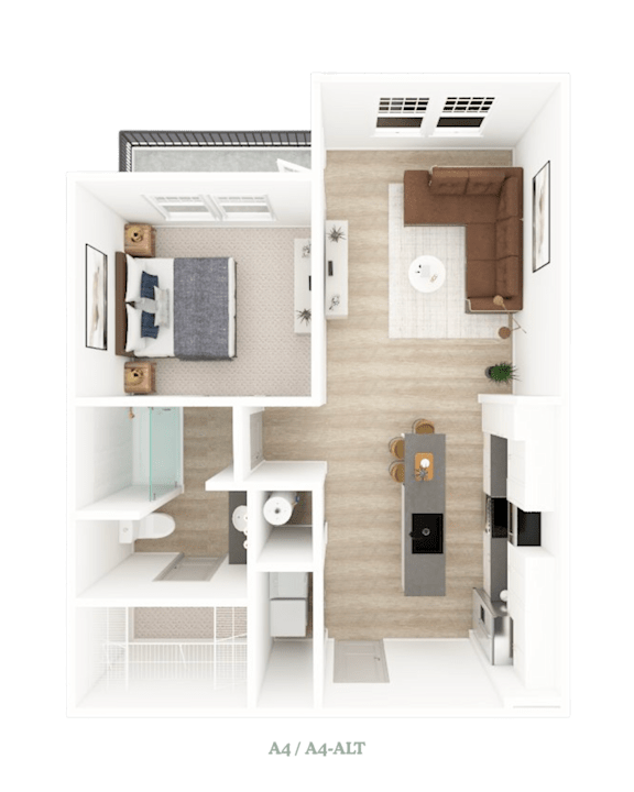 1 Bed 1 Bath Floorplan E at District on the Etowah Apartments, Canton, 30114