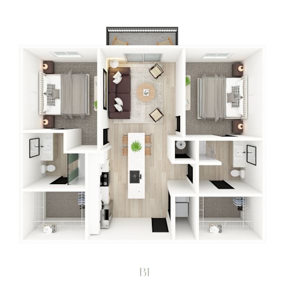 A top-down view of a two-bedroom apartment layout.