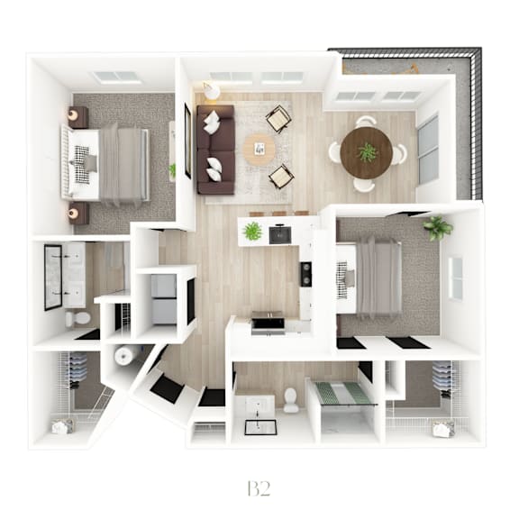 A top-down view of a modern apartment layout with a living room, kitchen, and two bedrooms.