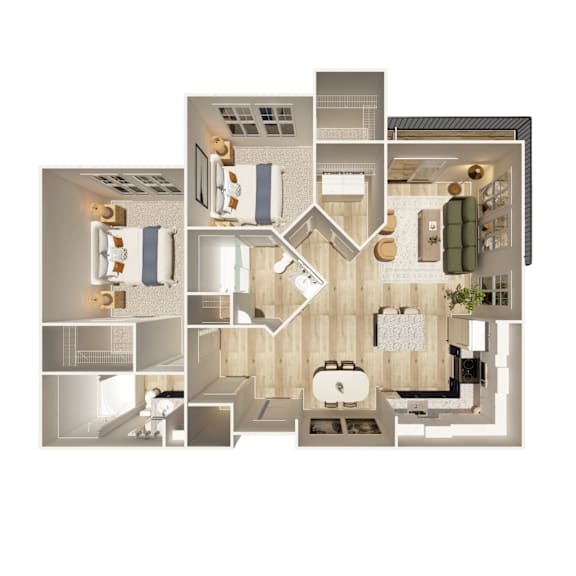 A floor plan of a house with a kitchen, living room, and bathrooms.