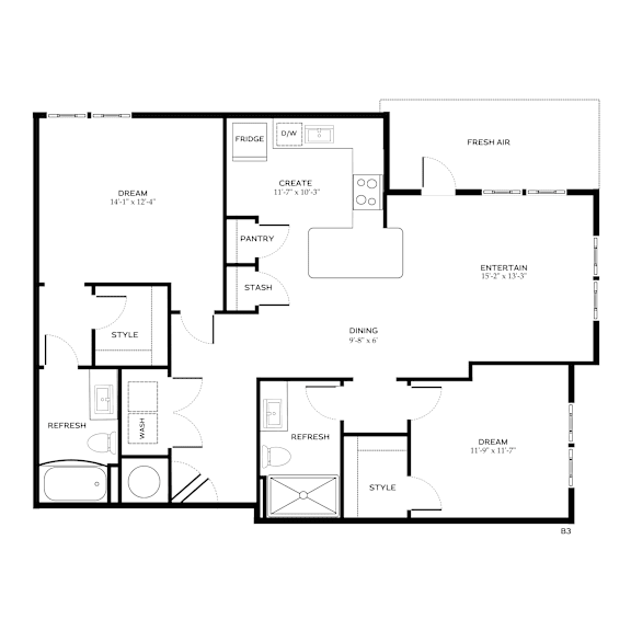 A floor plan of a house with a pantry, fridge, dining room, and other rooms.