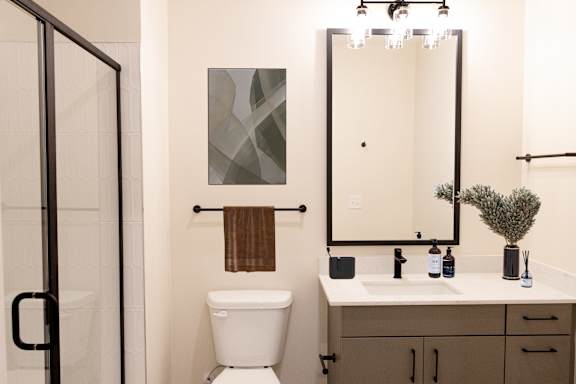 A bathroom with a white toilet, a sink with a mirror above it, and a shower with a glass door.at Riverside Apartments, Chattanooga, 37406