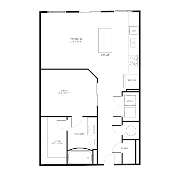 1 Bed 1 Bath Floorplan J at District on the Etowah Apartments, Canton