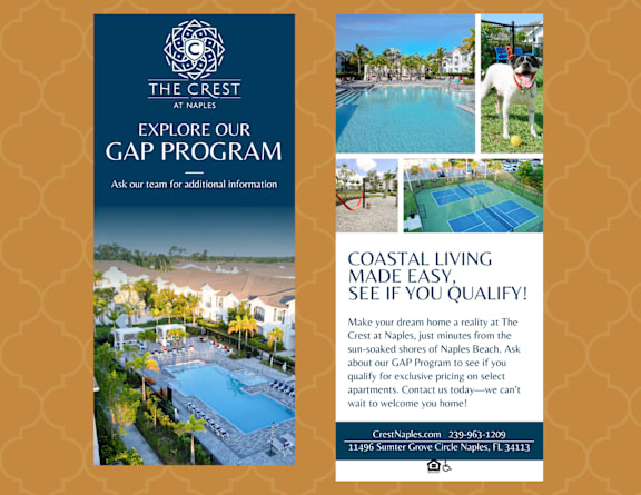 A brochure for The Crest at Naples, promoting their GAP Program and coastal living.