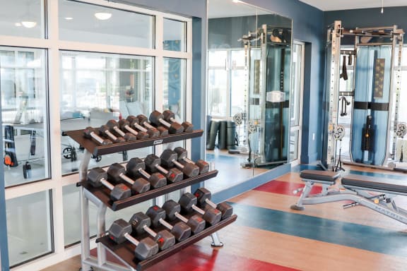 a spacious fitness center with cardio machines and weights at The Crest at Naples, Naples, Florida