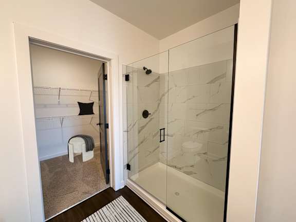 A bathroom with a walk-in shower and a toilet.