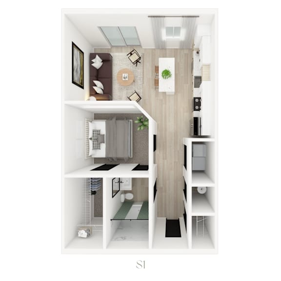 A floor plan of a small apartment with a kitchen, living room, and bathroom.