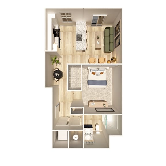 A top down view of a small apartment with a bedroom, living room, and kitchen.
