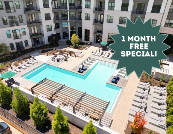 an image of an apartment building with a text overlay that reads 1 month free special