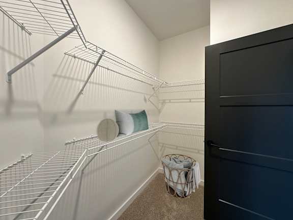 A pantry with a black door and a wire shelf.