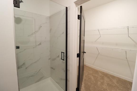 A bathroom with a marble tile shower and a walk-in closet.