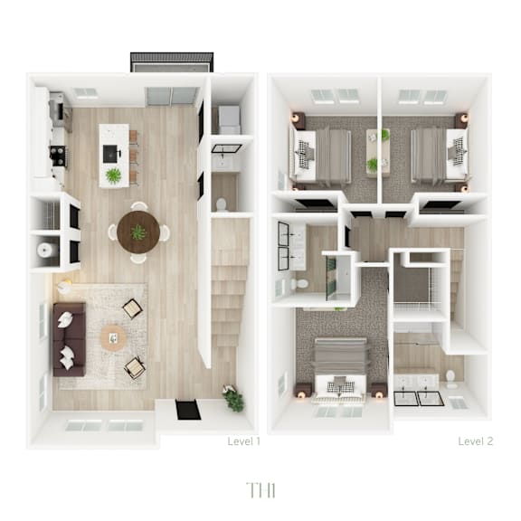 A floor plan of a two-level home with a living room, kitchen, and bathrooms.